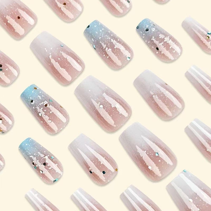 TOGZOM Ombre Press on Nails Medium Square Fake Nails Glitter Acrylic Nails Cute Blue White Gradient Artificial Nails Short Coffin False Nails Press ons Glossy Stick on Nails for Women Girls Manicure 24Pcs - Image 3